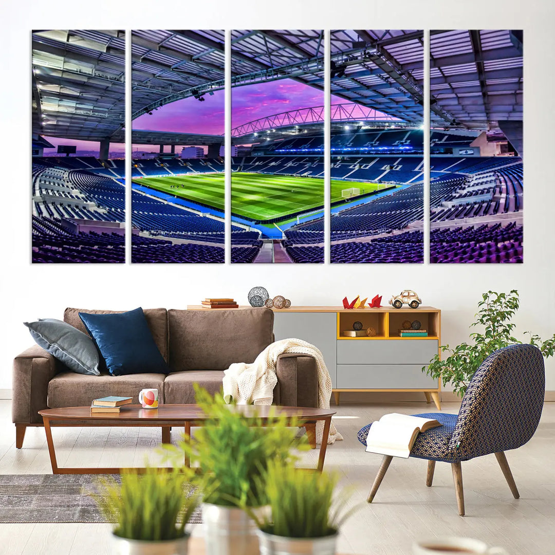 The living room showcases a wall art piece titled "FC Porto Soccer Team Print - Dragon Stadium Wall Art Canvas Print." This artwork adds character to the space by depicting a large, empty stadium under a vibrant sky. It is crafted on museum-quality canvas using high-resolution printing for exceptional detail.