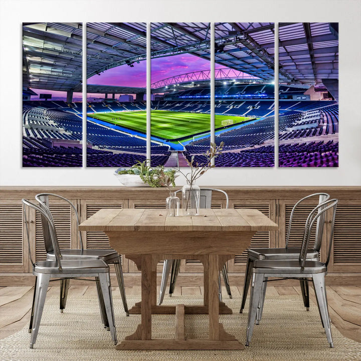 The living room showcases a wall art piece titled "FC Porto Soccer Team Print - Dragon Stadium Wall Art Canvas Print." This artwork adds character to the space by depicting a large, empty stadium under a vibrant sky. It is crafted on museum-quality canvas using high-resolution printing for exceptional detail.