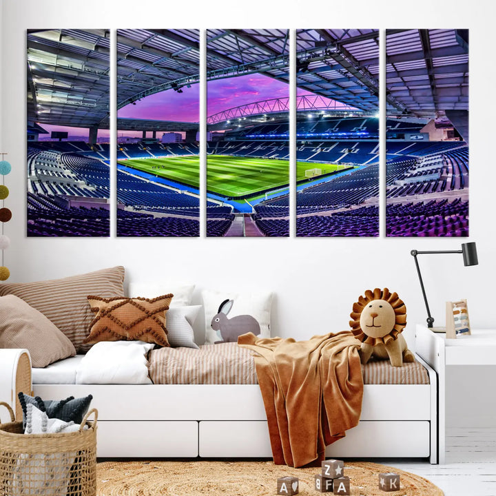 The living room showcases a wall art piece titled "FC Porto Soccer Team Print - Dragon Stadium Wall Art Canvas Print." This artwork adds character to the space by depicting a large, empty stadium under a vibrant sky. It is crafted on museum-quality canvas using high-resolution printing for exceptional detail.