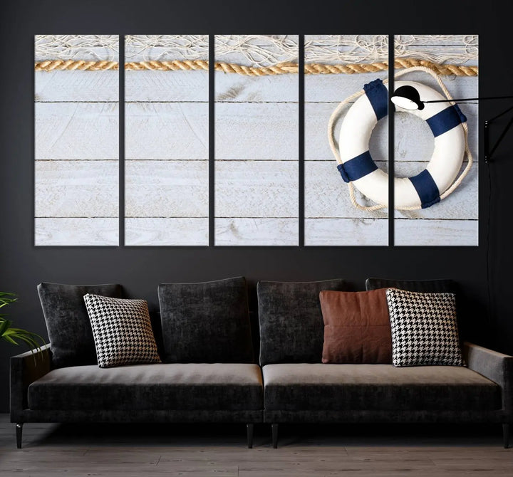 A triptych of the Fancy Lifebuoy and rope on museum-quality canvas with UV-protective coating hangs above.