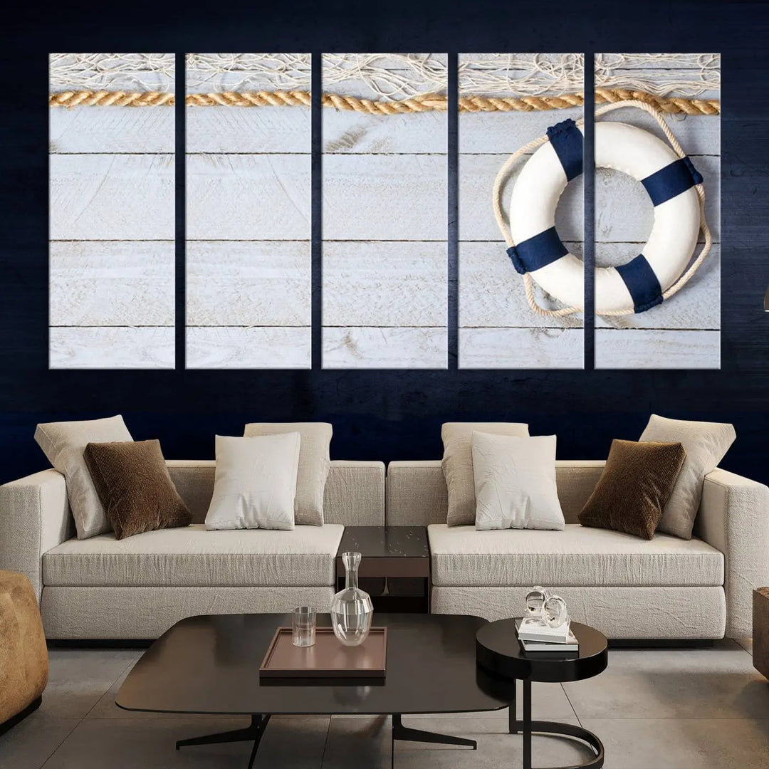 A triptych of the Fancy Lifebuoy and rope on museum-quality canvas with UV-protective coating hangs above.