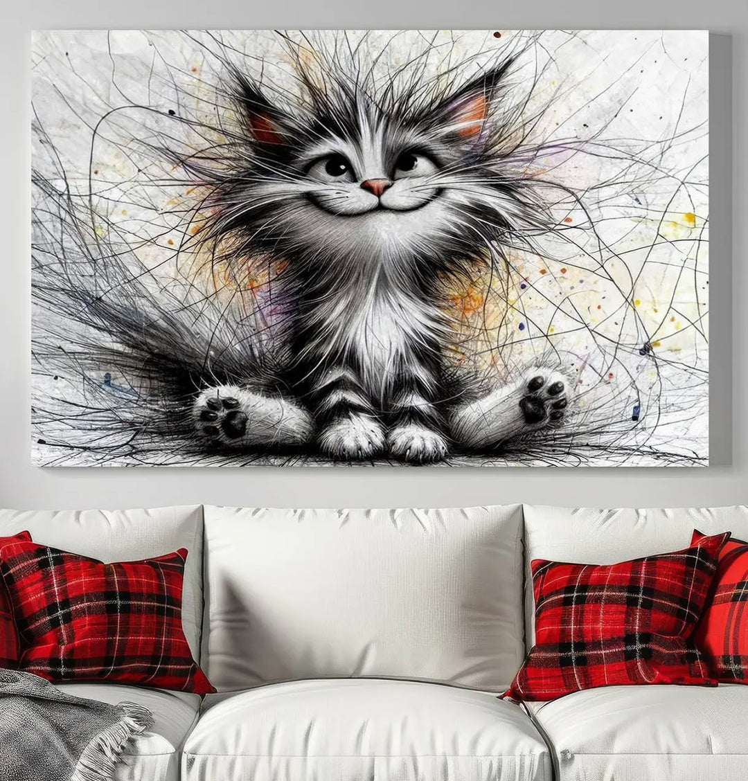 A vibrant Fanny Baby Cat Wall Art Canvas Print in a comic Pixar style features a fluffy, smiling cat with swirling fur. This masterpiece showcases professional craftsmanship on museum-quality canvas, bringing every detail to life.