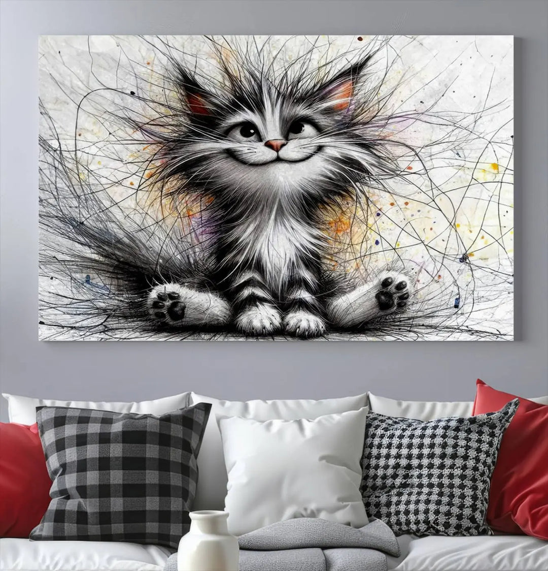 A vibrant Fanny Baby Cat Wall Art Canvas Print in a comic Pixar style features a fluffy, smiling cat with swirling fur. This masterpiece showcases professional craftsmanship on museum-quality canvas, bringing every detail to life.