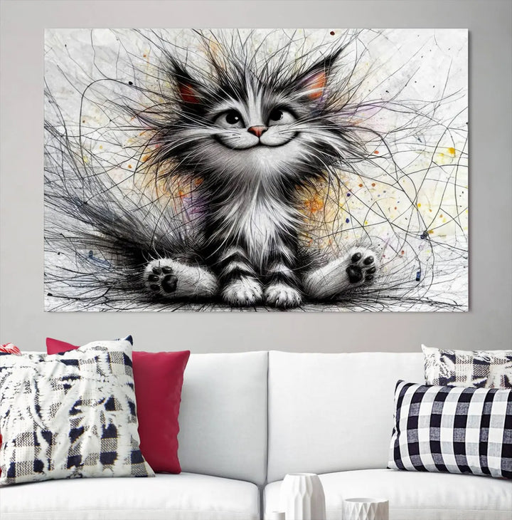 A vibrant Fanny Baby Cat Wall Art Canvas Print in a comic Pixar style features a fluffy, smiling cat with swirling fur. This masterpiece showcases professional craftsmanship on museum-quality canvas, bringing every detail to life.