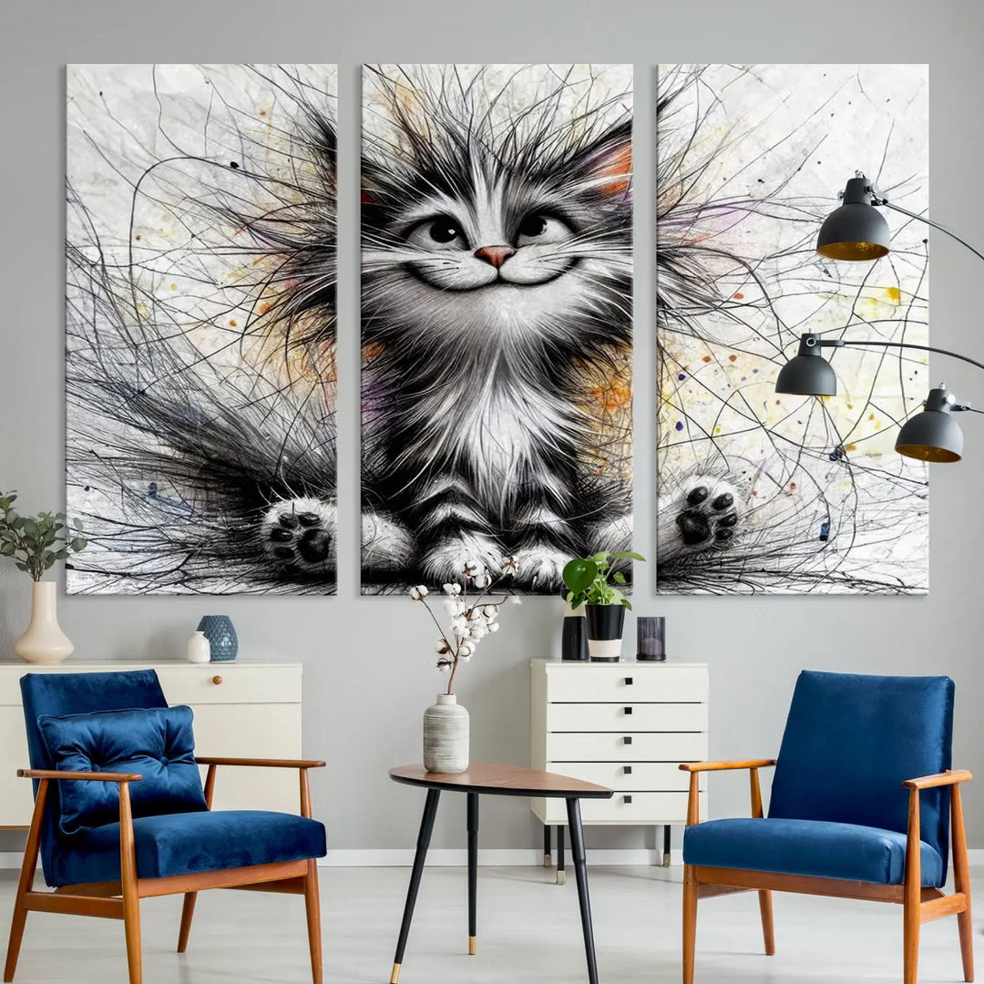 A vibrant Fanny Baby Cat Wall Art Canvas Print in a comic Pixar style features a fluffy, smiling cat with swirling fur. This masterpiece showcases professional craftsmanship on museum-quality canvas, bringing every detail to life.