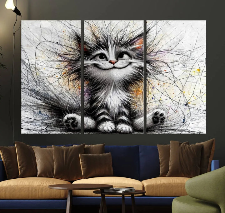 A vibrant Fanny Baby Cat Wall Art Canvas Print in a comic Pixar style features a fluffy, smiling cat with swirling fur. This masterpiece showcases professional craftsmanship on museum-quality canvas, bringing every detail to life.