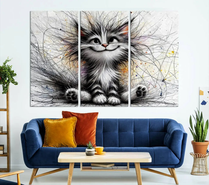 A vibrant Fanny Baby Cat Wall Art Canvas Print in a comic Pixar style features a fluffy, smiling cat with swirling fur. This masterpiece showcases professional craftsmanship on museum-quality canvas, bringing every detail to life.