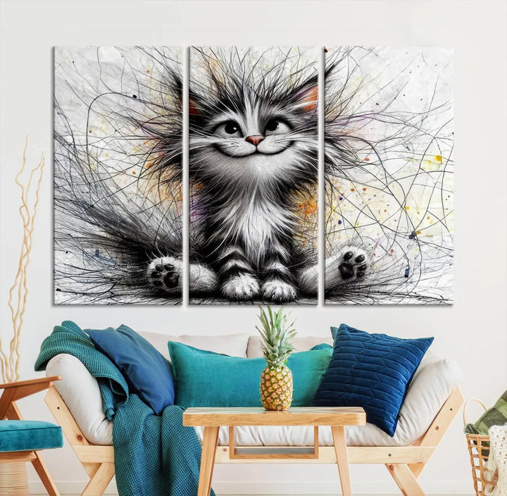 A vibrant Fanny Baby Cat Wall Art Canvas Print in a comic Pixar style features a fluffy, smiling cat with swirling fur. This masterpiece showcases professional craftsmanship on museum-quality canvas, bringing every detail to life.