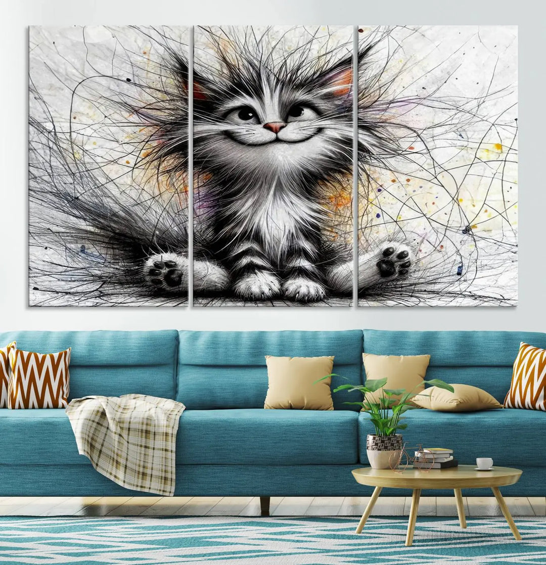 A vibrant Fanny Baby Cat Wall Art Canvas Print in a comic Pixar style features a fluffy, smiling cat with swirling fur. This masterpiece showcases professional craftsmanship on museum-quality canvas, bringing every detail to life.