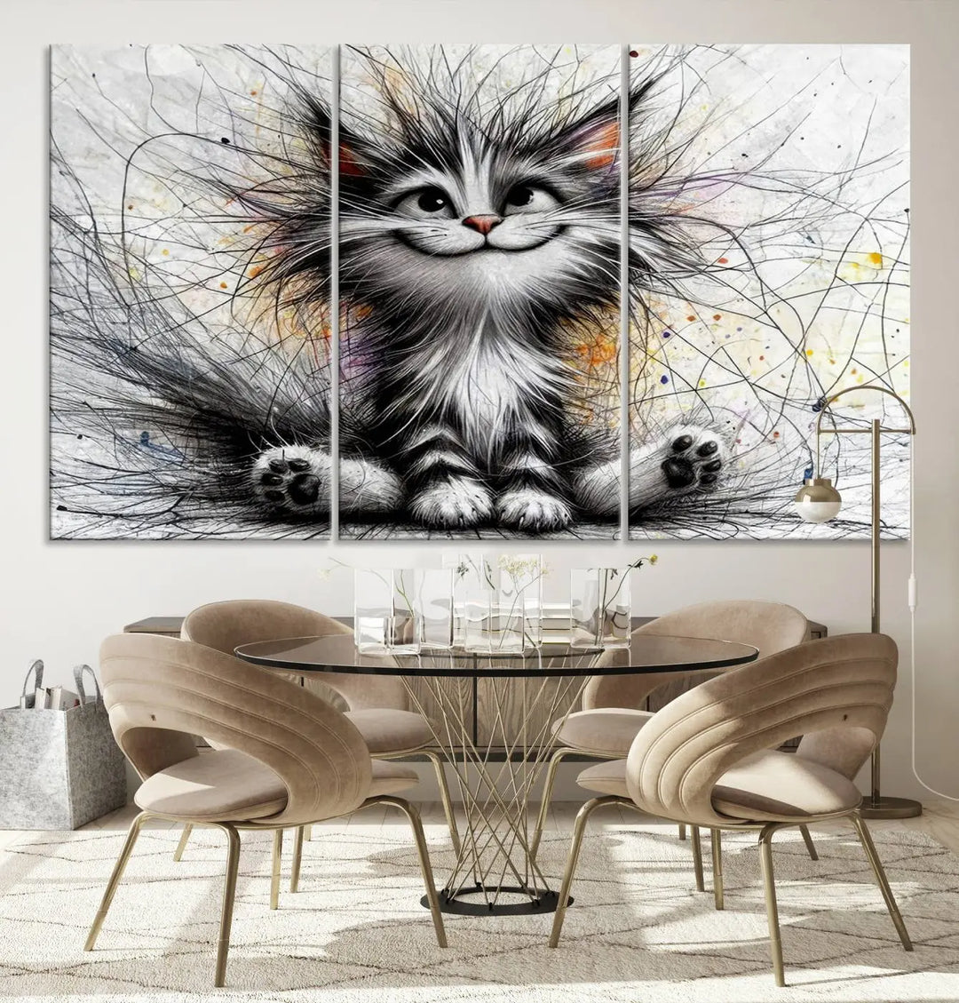 A vibrant Fanny Baby Cat Wall Art Canvas Print in a comic Pixar style features a fluffy, smiling cat with swirling fur. This masterpiece showcases professional craftsmanship on museum-quality canvas, bringing every detail to life.