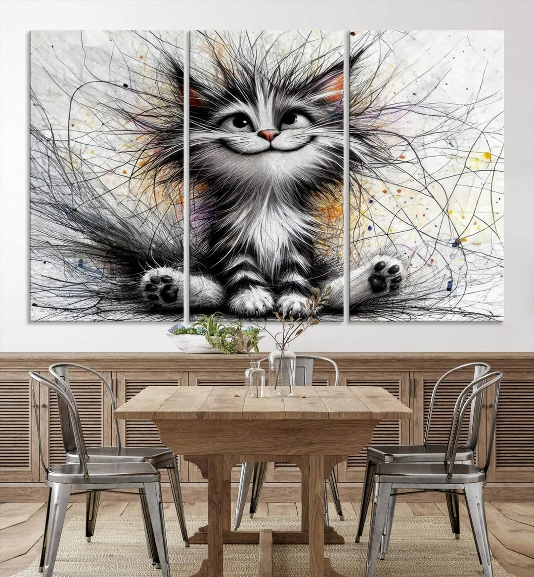 A vibrant Fanny Baby Cat Wall Art Canvas Print in a comic Pixar style features a fluffy, smiling cat with swirling fur. This masterpiece showcases professional craftsmanship on museum-quality canvas, bringing every detail to life.