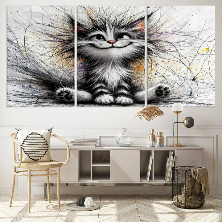 A vibrant Fanny Baby Cat Wall Art Canvas Print in a comic Pixar style features a fluffy, smiling cat with swirling fur. This masterpiece showcases professional craftsmanship on museum-quality canvas, bringing every detail to life.