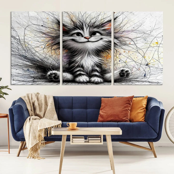 A vibrant Fanny Baby Cat Wall Art Canvas Print in a comic Pixar style features a fluffy, smiling cat with swirling fur. This masterpiece showcases professional craftsmanship on museum-quality canvas, bringing every detail to life.