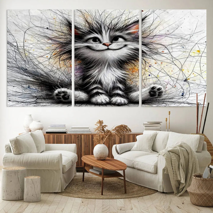 A vibrant Fanny Baby Cat Wall Art Canvas Print in a comic Pixar style features a fluffy, smiling cat with swirling fur. This masterpiece showcases professional craftsmanship on museum-quality canvas, bringing every detail to life.