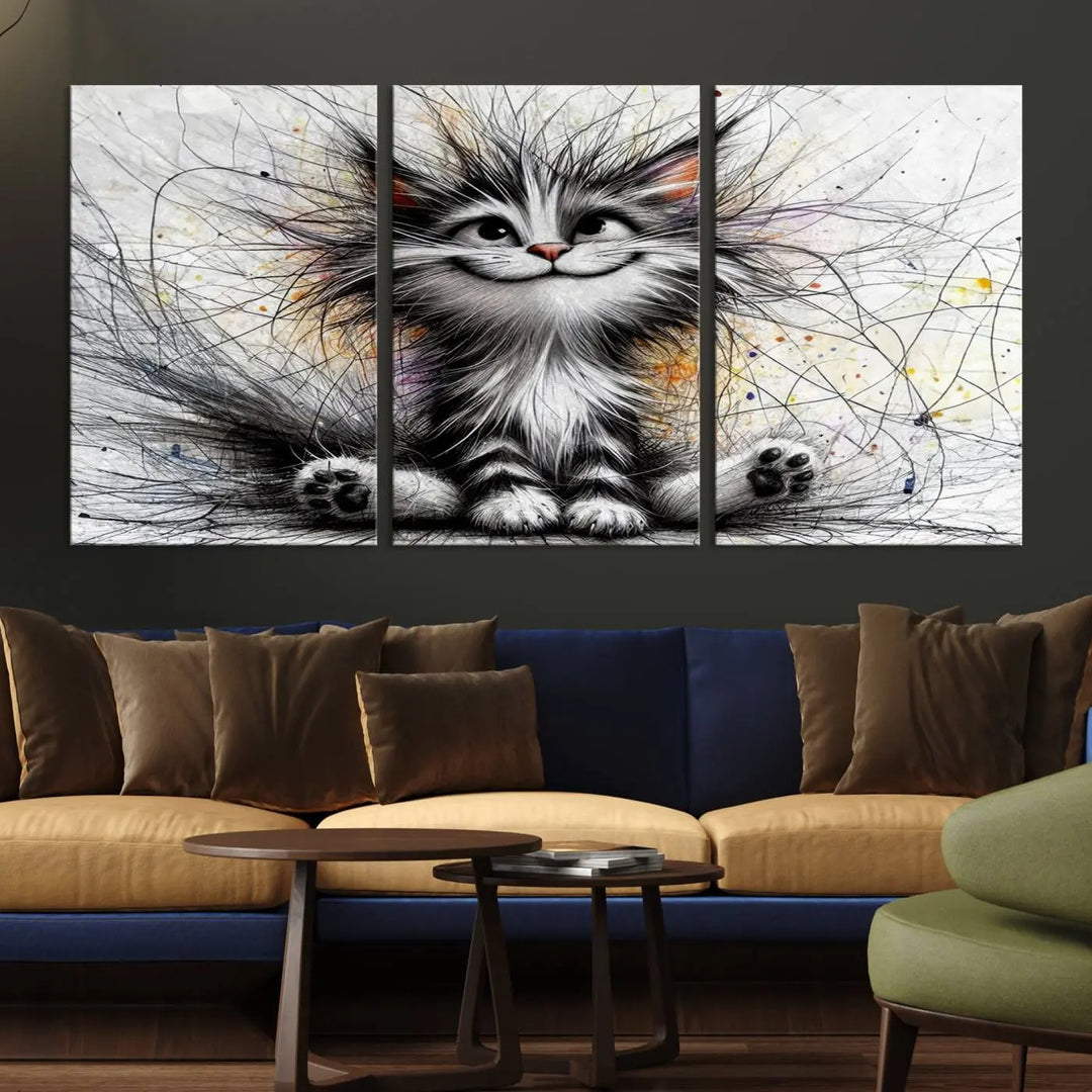 A vibrant Fanny Baby Cat Wall Art Canvas Print in a comic Pixar style features a fluffy, smiling cat with swirling fur. This masterpiece showcases professional craftsmanship on museum-quality canvas, bringing every detail to life.