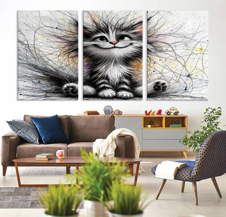 A vibrant Fanny Baby Cat Wall Art Canvas Print in a comic Pixar style features a fluffy, smiling cat with swirling fur. This masterpiece showcases professional craftsmanship on museum-quality canvas, bringing every detail to life.