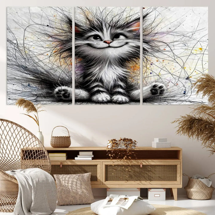 A vibrant Fanny Baby Cat Wall Art Canvas Print in a comic Pixar style features a fluffy, smiling cat with swirling fur. This masterpiece showcases professional craftsmanship on museum-quality canvas, bringing every detail to life.