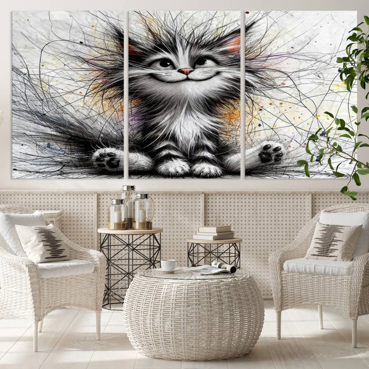 A vibrant Fanny Baby Cat Wall Art Canvas Print in a comic Pixar style features a fluffy, smiling cat with swirling fur. This masterpiece showcases professional craftsmanship on museum-quality canvas, bringing every detail to life.