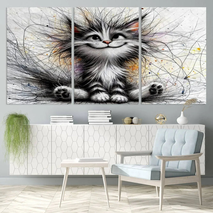 A vibrant Fanny Baby Cat Wall Art Canvas Print in a comic Pixar style features a fluffy, smiling cat with swirling fur. This masterpiece showcases professional craftsmanship on museum-quality canvas, bringing every detail to life.