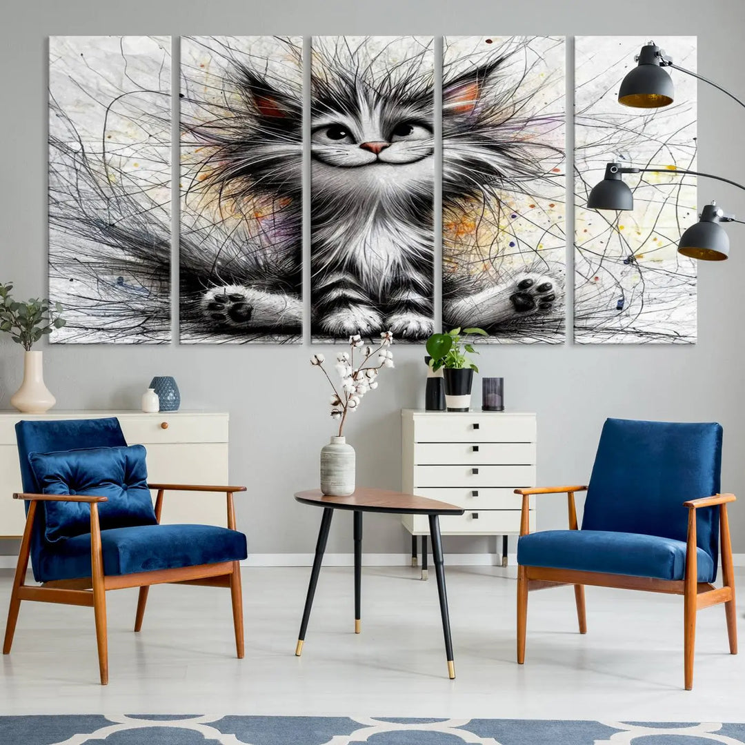 A vibrant Fanny Baby Cat Wall Art Canvas Print in a comic Pixar style features a fluffy, smiling cat with swirling fur. This masterpiece showcases professional craftsmanship on museum-quality canvas, bringing every detail to life.