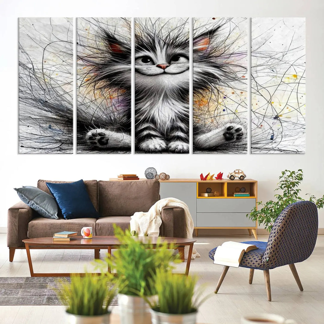 A vibrant Fanny Baby Cat Wall Art Canvas Print in a comic Pixar style features a fluffy, smiling cat with swirling fur. This masterpiece showcases professional craftsmanship on museum-quality canvas, bringing every detail to life.