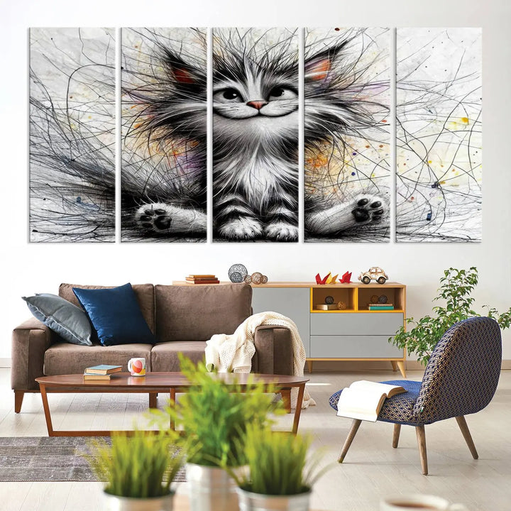 A vibrant Fanny Baby Cat Wall Art Canvas Print in a comic Pixar style features a fluffy, smiling cat with swirling fur. This masterpiece showcases professional craftsmanship on museum-quality canvas, bringing every detail to life.