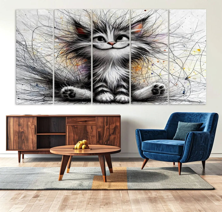 A vibrant Fanny Baby Cat Wall Art Canvas Print in a comic Pixar style features a fluffy, smiling cat with swirling fur. This masterpiece showcases professional craftsmanship on museum-quality canvas, bringing every detail to life.