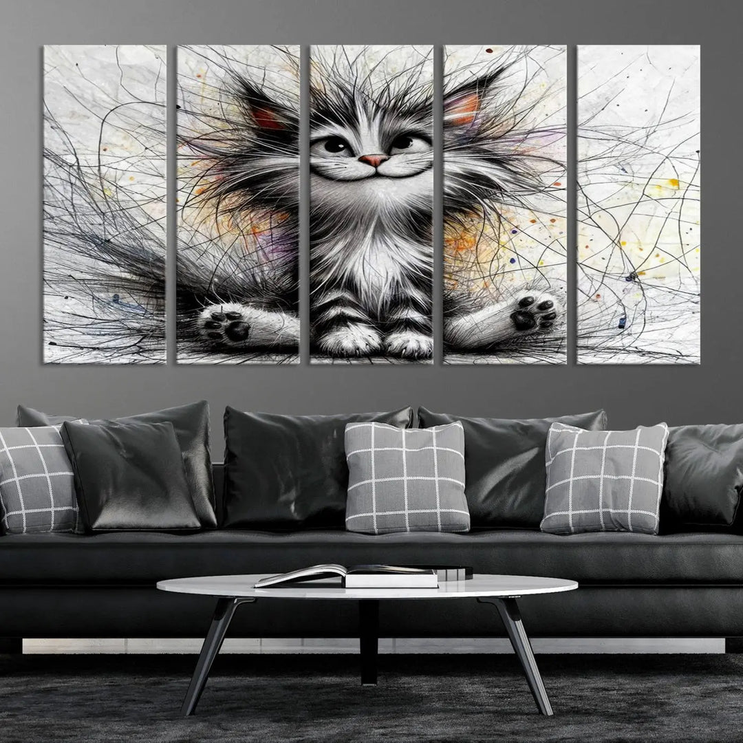 A vibrant Fanny Baby Cat Wall Art Canvas Print in a comic Pixar style features a fluffy, smiling cat with swirling fur. This masterpiece showcases professional craftsmanship on museum-quality canvas, bringing every detail to life.