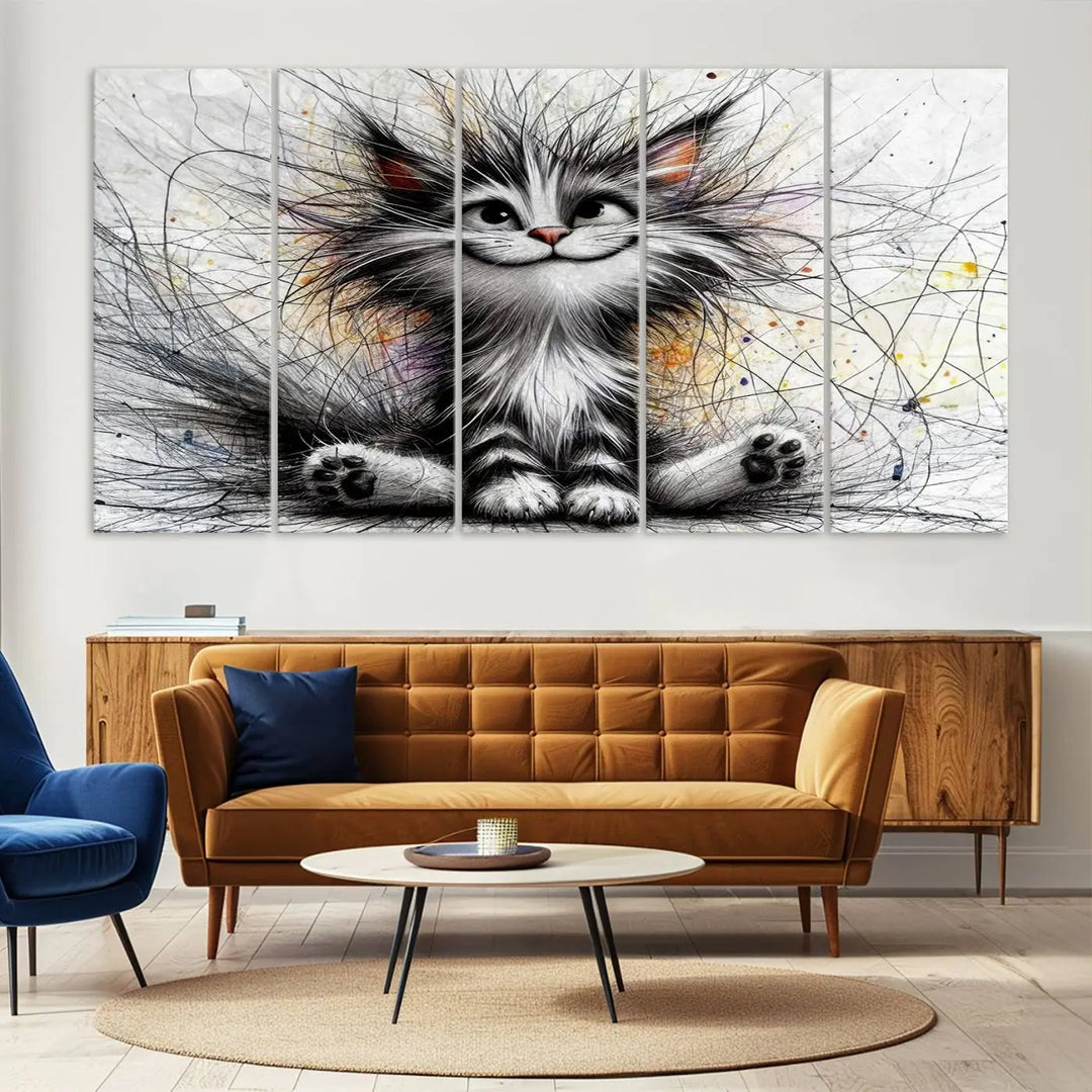 A vibrant Fanny Baby Cat Wall Art Canvas Print in a comic Pixar style features a fluffy, smiling cat with swirling fur. This masterpiece showcases professional craftsmanship on museum-quality canvas, bringing every detail to life.