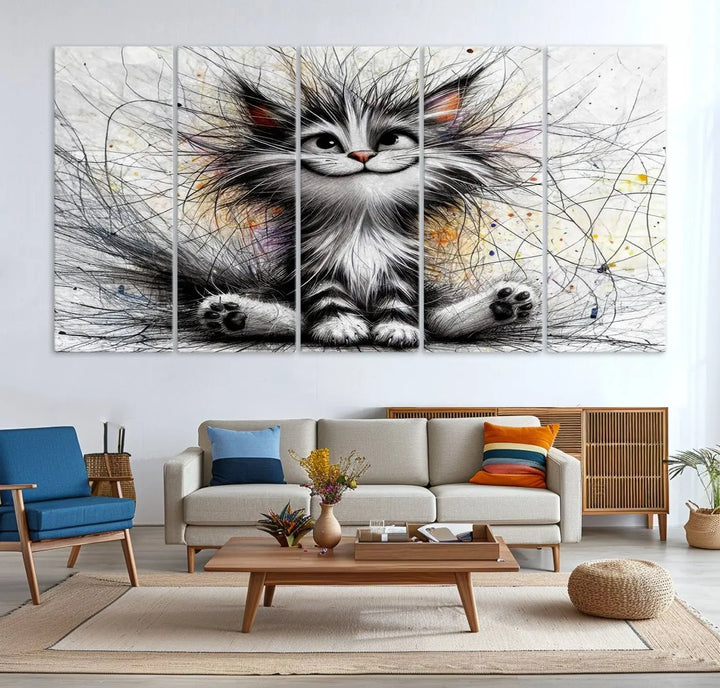 A vibrant Fanny Baby Cat Wall Art Canvas Print in a comic Pixar style features a fluffy, smiling cat with swirling fur. This masterpiece showcases professional craftsmanship on museum-quality canvas, bringing every detail to life.