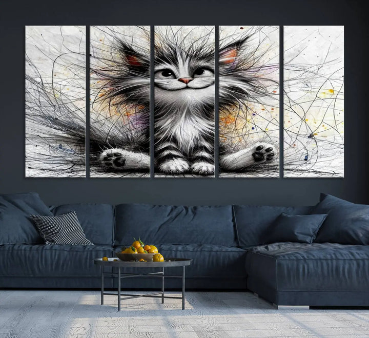 A vibrant Fanny Baby Cat Wall Art Canvas Print in a comic Pixar style features a fluffy, smiling cat with swirling fur. This masterpiece showcases professional craftsmanship on museum-quality canvas, bringing every detail to life.