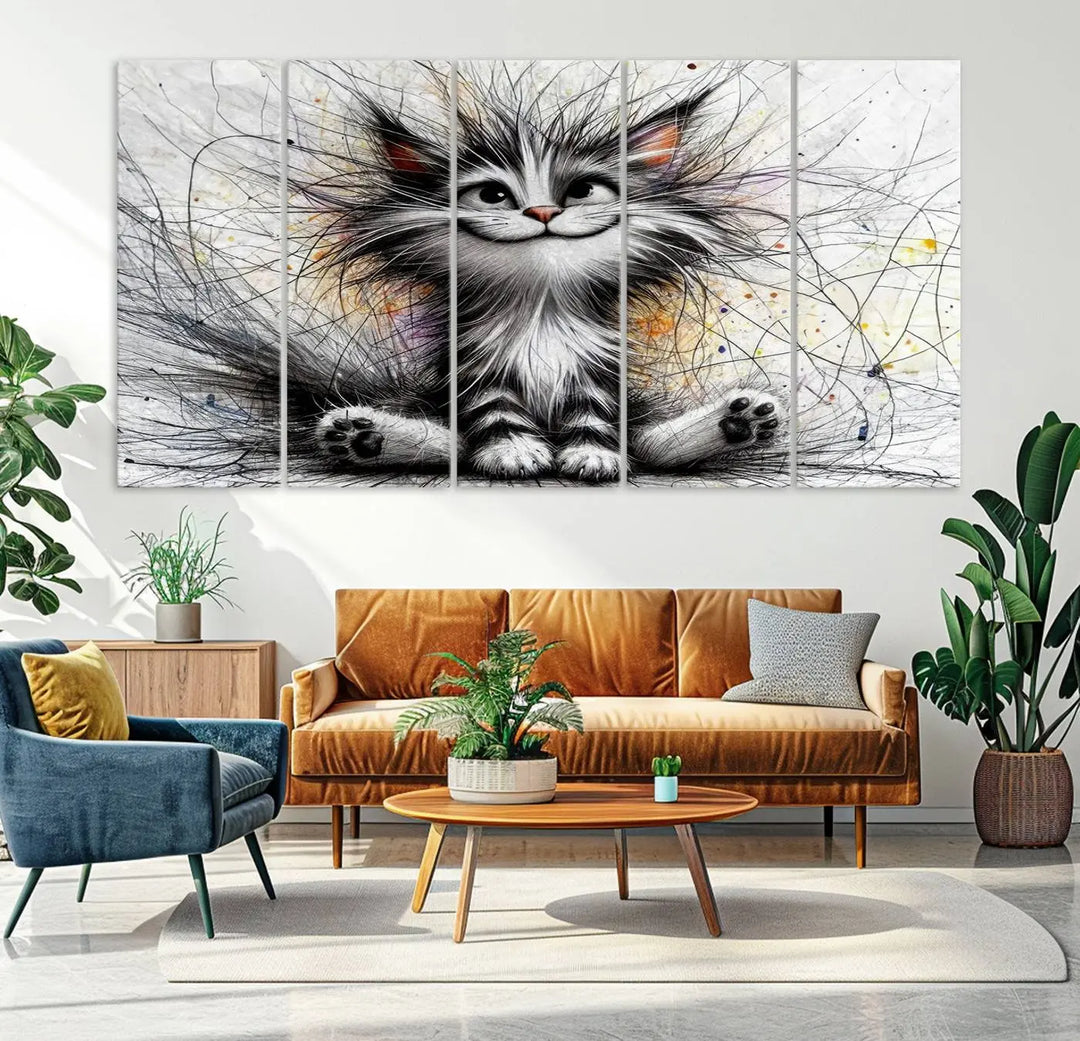 A vibrant Fanny Baby Cat Wall Art Canvas Print in a comic Pixar style features a fluffy, smiling cat with swirling fur. This masterpiece showcases professional craftsmanship on museum-quality canvas, bringing every detail to life.