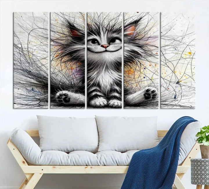 A vibrant Fanny Baby Cat Wall Art Canvas Print in a comic Pixar style features a fluffy, smiling cat with swirling fur. This masterpiece showcases professional craftsmanship on museum-quality canvas, bringing every detail to life.