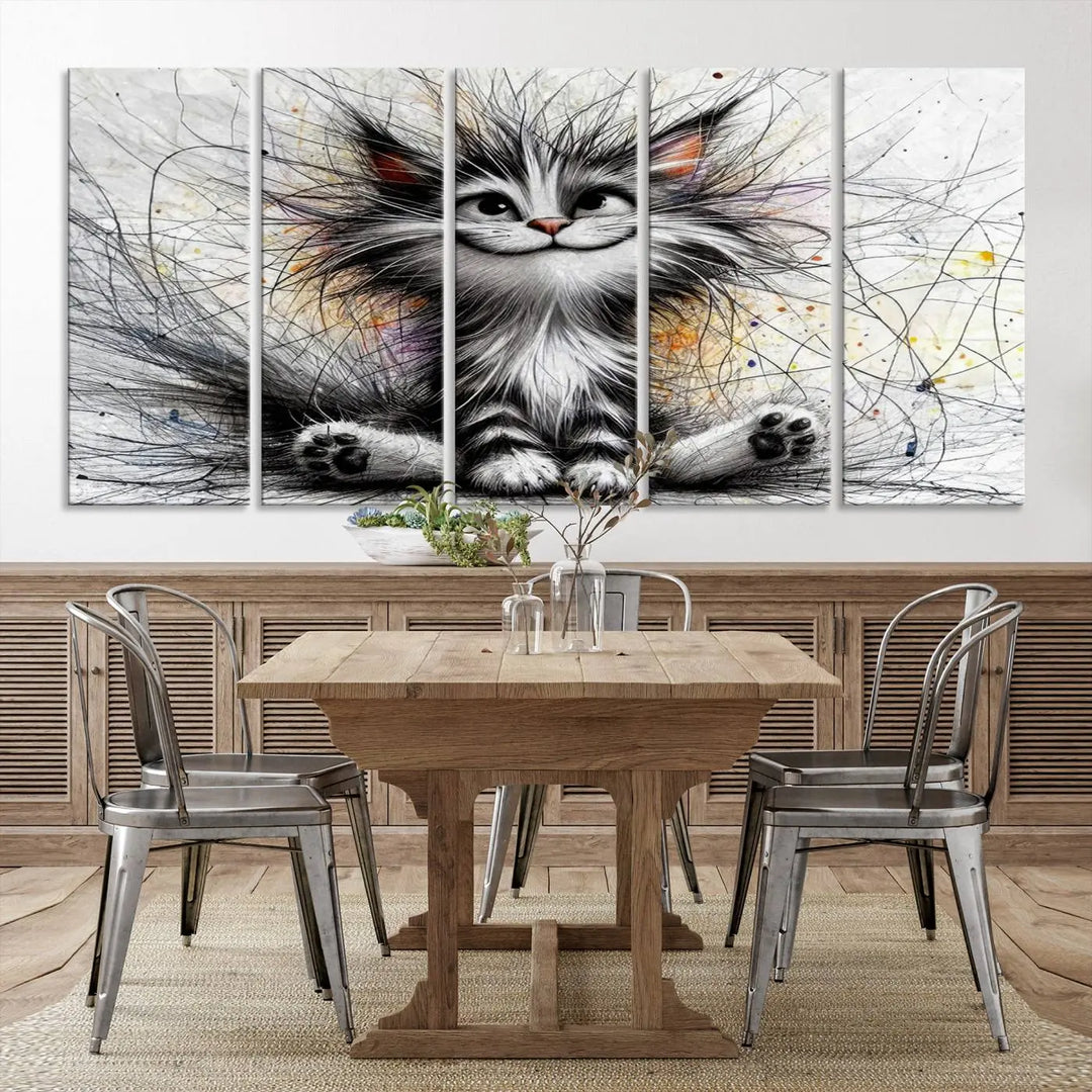 A vibrant Fanny Baby Cat Wall Art Canvas Print in a comic Pixar style features a fluffy, smiling cat with swirling fur. This masterpiece showcases professional craftsmanship on museum-quality canvas, bringing every detail to life.