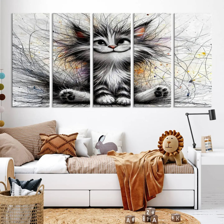 A vibrant Fanny Baby Cat Wall Art Canvas Print in a comic Pixar style features a fluffy, smiling cat with swirling fur. This masterpiece showcases professional craftsmanship on museum-quality canvas, bringing every detail to life.