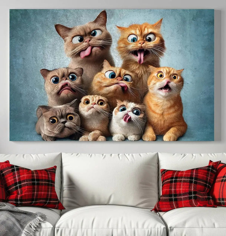 The Fanny Cats Wall Art Canvas Print, featuring nine cartoon cats pulling playful faces in Pixar style, is a whimsical addition to the room. This comic cat print offers vibrant detail on museum-quality canvas thanks to high-resolution printing, expertly crafted by professional craftsmen.