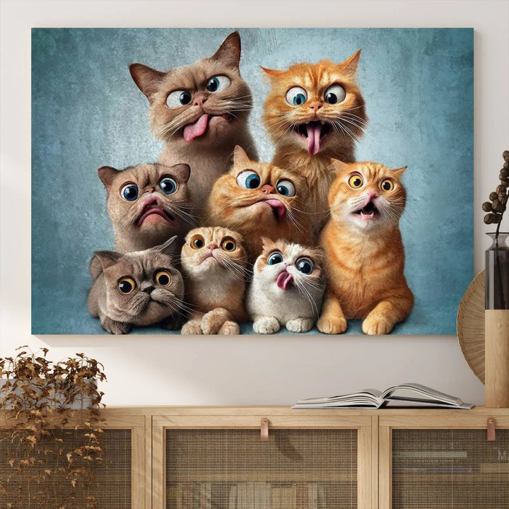 The Fanny Cats Wall Art Canvas Print, featuring nine cartoon cats pulling playful faces in Pixar style, is a whimsical addition to the room. This comic cat print offers vibrant detail on museum-quality canvas thanks to high-resolution printing, expertly crafted by professional craftsmen.