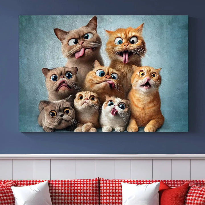 The Fanny Cats Wall Art Canvas Print, featuring nine cartoon cats pulling playful faces in Pixar style, is a whimsical addition to the room. This comic cat print offers vibrant detail on museum-quality canvas thanks to high-resolution printing, expertly crafted by professional craftsmen.