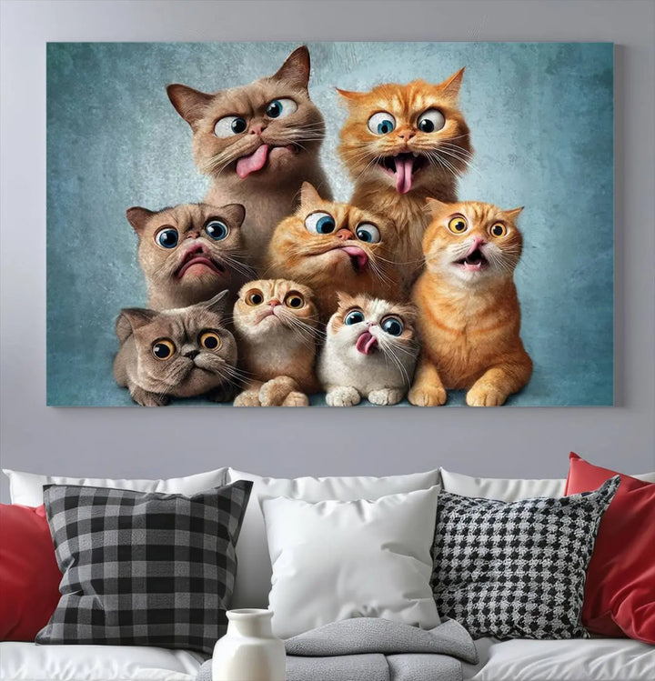 The Fanny Cats Wall Art Canvas Print, featuring nine cartoon cats pulling playful faces in Pixar style, is a whimsical addition to the room. This comic cat print offers vibrant detail on museum-quality canvas thanks to high-resolution printing, expertly crafted by professional craftsmen.