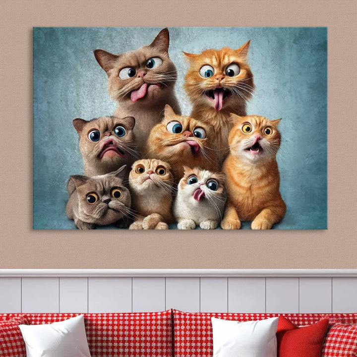 The Fanny Cats Wall Art Canvas Print, featuring nine cartoon cats pulling playful faces in Pixar style, is a whimsical addition to the room. This comic cat print offers vibrant detail on museum-quality canvas thanks to high-resolution printing, expertly crafted by professional craftsmen.