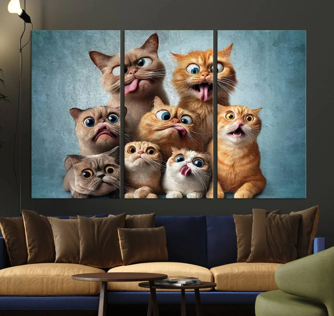 The Fanny Cats Wall Art Canvas Print, featuring nine cartoon cats pulling playful faces in Pixar style, is a whimsical addition to the room. This comic cat print offers vibrant detail on museum-quality canvas thanks to high-resolution printing, expertly crafted by professional craftsmen.