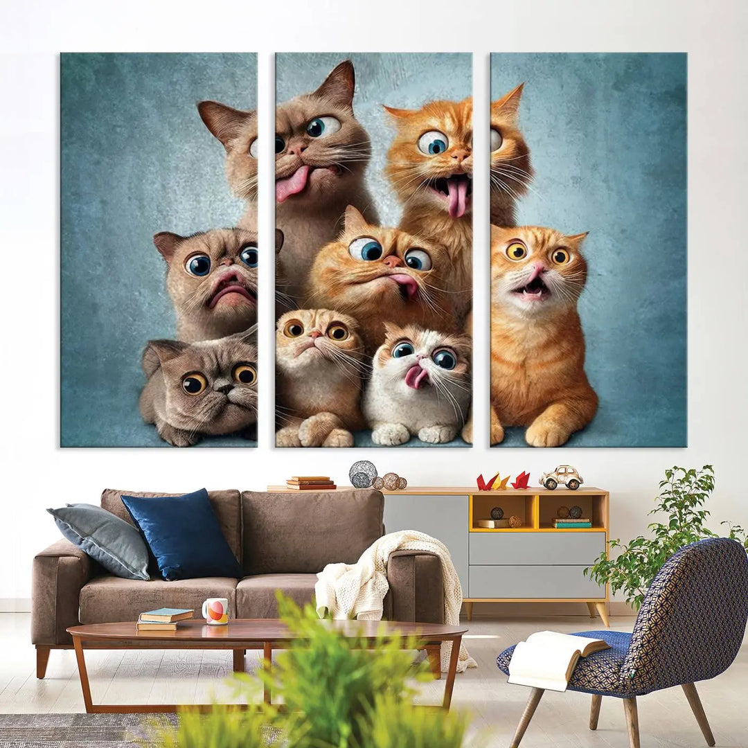 The Fanny Cats Wall Art Canvas Print, featuring nine cartoon cats pulling playful faces in Pixar style, is a whimsical addition to the room. This comic cat print offers vibrant detail on museum-quality canvas thanks to high-resolution printing, expertly crafted by professional craftsmen.