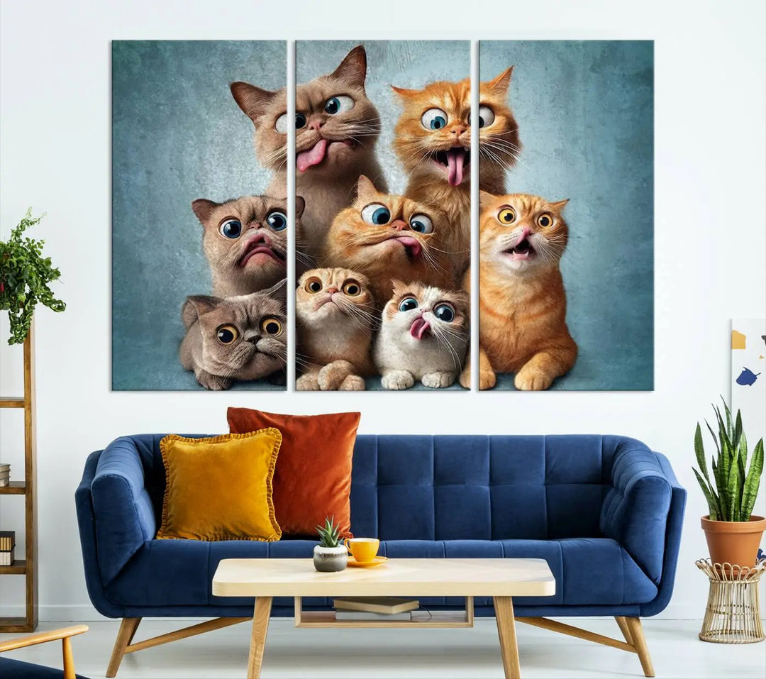 The Fanny Cats Wall Art Canvas Print, featuring nine cartoon cats pulling playful faces in Pixar style, is a whimsical addition to the room. This comic cat print offers vibrant detail on museum-quality canvas thanks to high-resolution printing, expertly crafted by professional craftsmen.