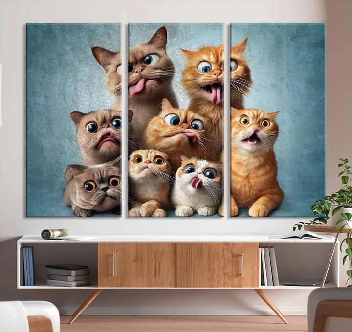 The Fanny Cats Wall Art Canvas Print, featuring nine cartoon cats pulling playful faces in Pixar style, is a whimsical addition to the room. This comic cat print offers vibrant detail on museum-quality canvas thanks to high-resolution printing, expertly crafted by professional craftsmen.