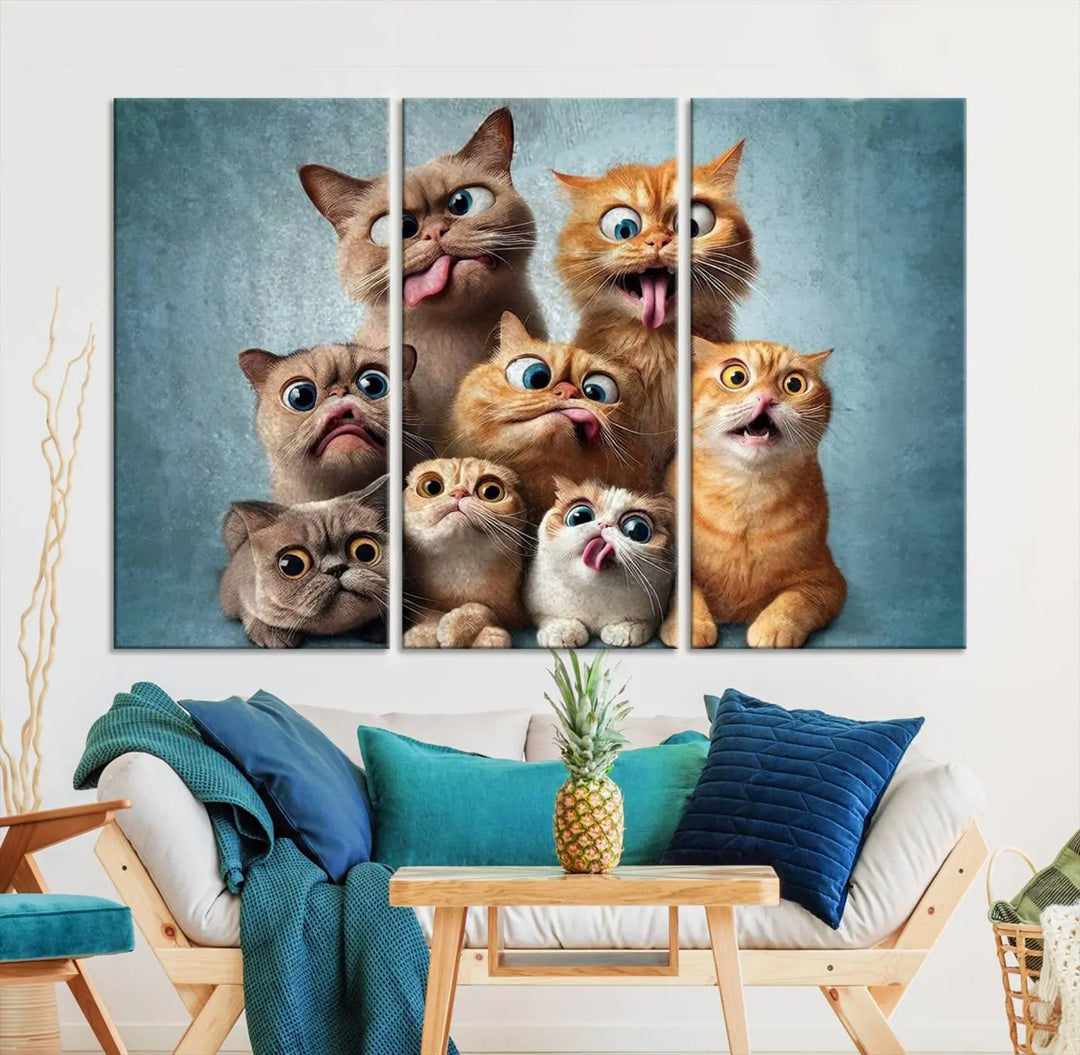 The Fanny Cats Wall Art Canvas Print, featuring nine cartoon cats pulling playful faces in Pixar style, is a whimsical addition to the room. This comic cat print offers vibrant detail on museum-quality canvas thanks to high-resolution printing, expertly crafted by professional craftsmen.