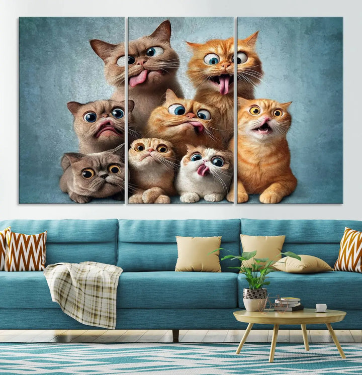 The Fanny Cats Wall Art Canvas Print, featuring nine cartoon cats pulling playful faces in Pixar style, is a whimsical addition to the room. This comic cat print offers vibrant detail on museum-quality canvas thanks to high-resolution printing, expertly crafted by professional craftsmen.