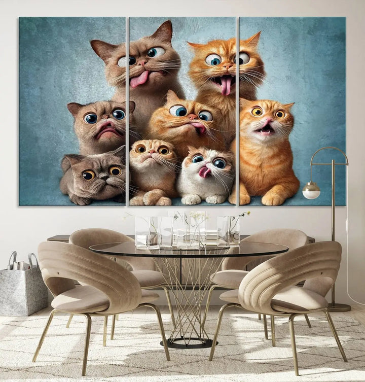 The Fanny Cats Wall Art Canvas Print, featuring nine cartoon cats pulling playful faces in Pixar style, is a whimsical addition to the room. This comic cat print offers vibrant detail on museum-quality canvas thanks to high-resolution printing, expertly crafted by professional craftsmen.