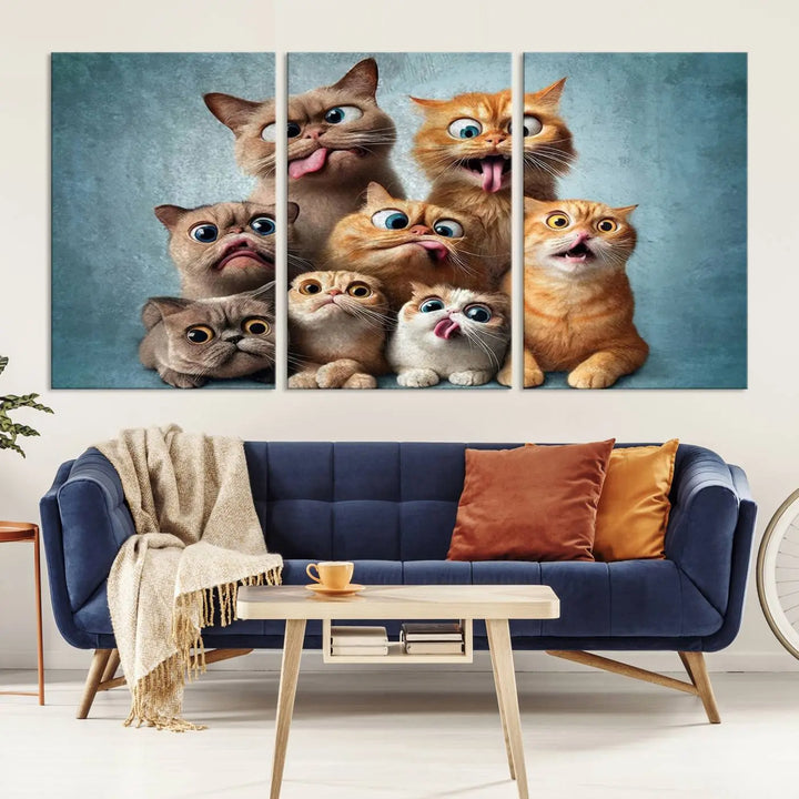 The Fanny Cats Wall Art Canvas Print, featuring nine cartoon cats pulling playful faces in Pixar style, is a whimsical addition to the room. This comic cat print offers vibrant detail on museum-quality canvas thanks to high-resolution printing, expertly crafted by professional craftsmen.