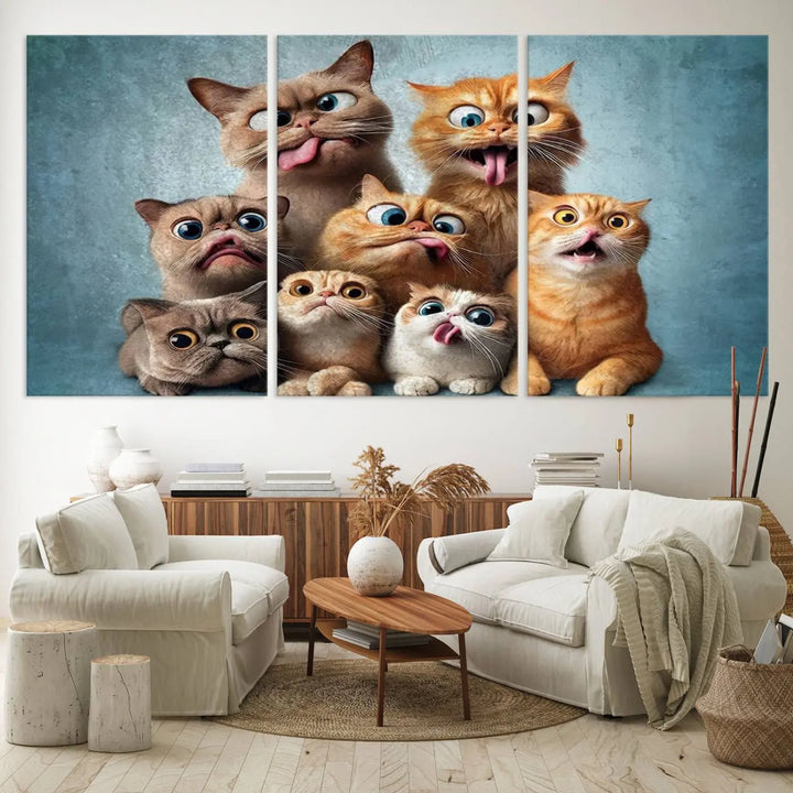 The Fanny Cats Wall Art Canvas Print, featuring nine cartoon cats pulling playful faces in Pixar style, is a whimsical addition to the room. This comic cat print offers vibrant detail on museum-quality canvas thanks to high-resolution printing, expertly crafted by professional craftsmen.