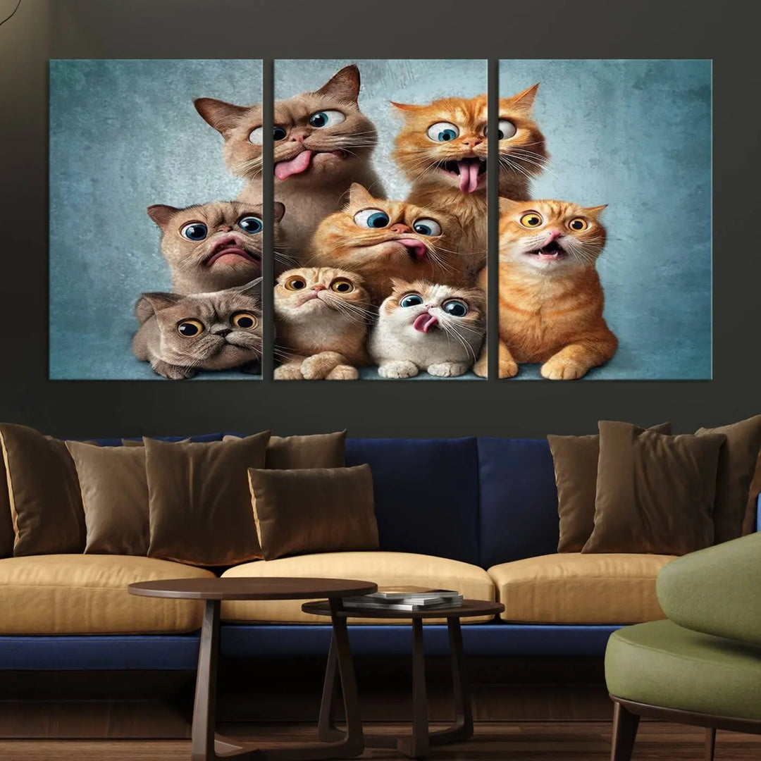 The Fanny Cats Wall Art Canvas Print, featuring nine cartoon cats pulling playful faces in Pixar style, is a whimsical addition to the room. This comic cat print offers vibrant detail on museum-quality canvas thanks to high-resolution printing, expertly crafted by professional craftsmen.